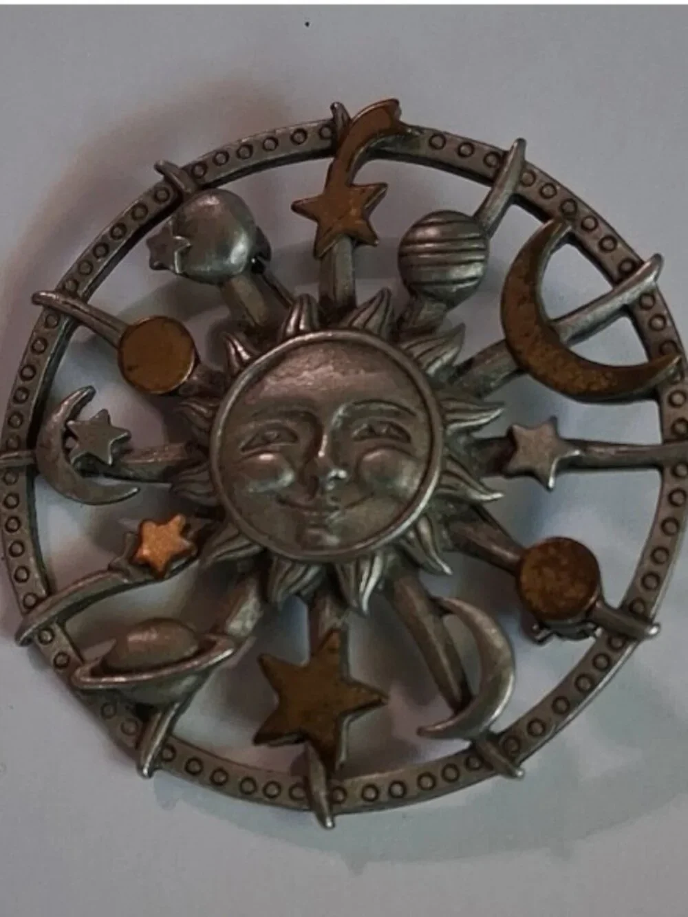 J&J Signed Celestial Sun Moon Stars Round Brooch Pin Silver/Gold Tone Metal